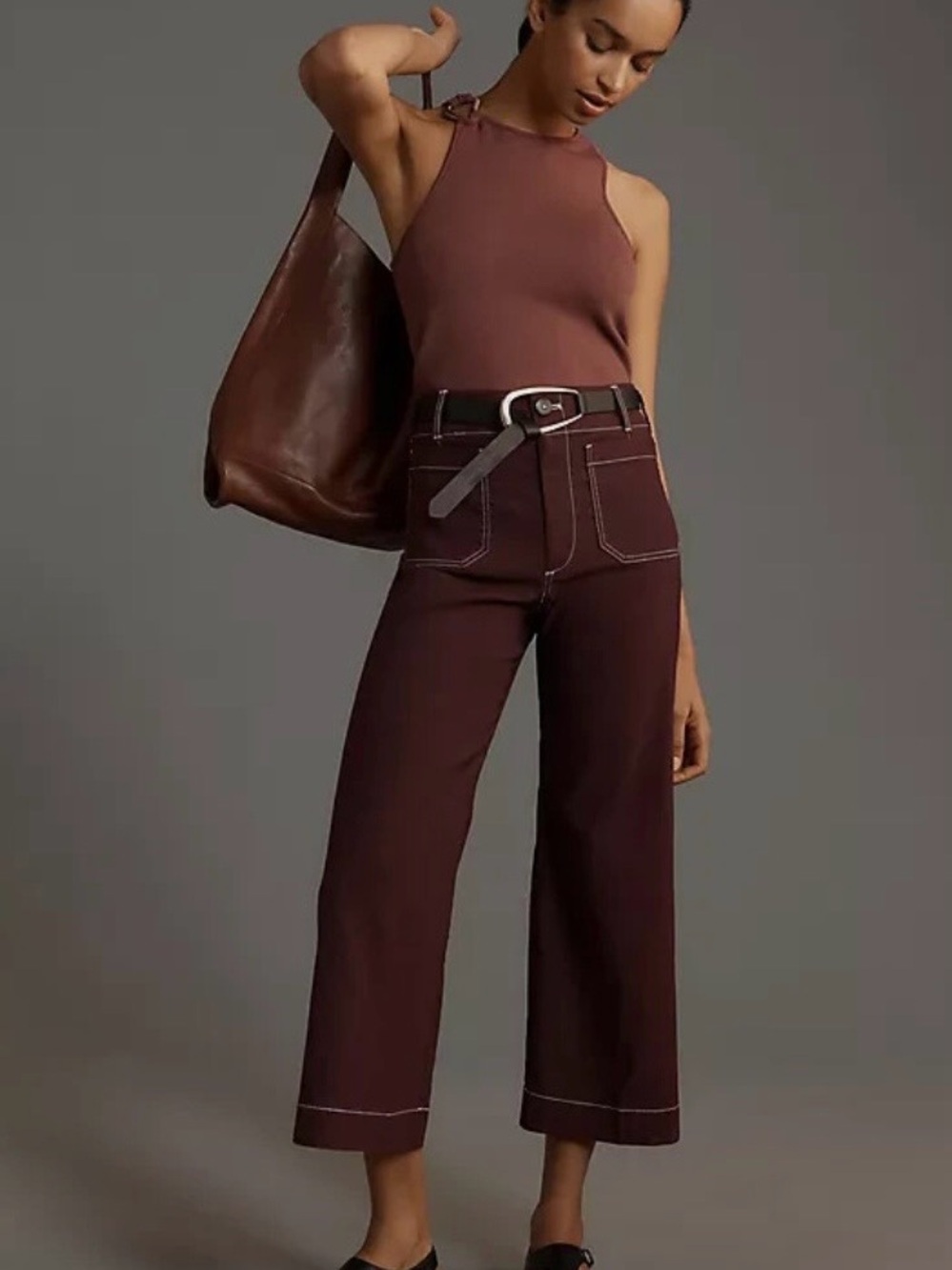 Maeve Colette Cropped Wide-Leg High-Waist Pants with Contrast Stitching